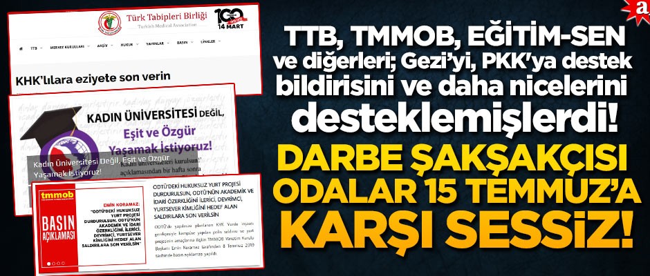 TTB, TMMOB, EĞİTİM-SEN ve diğerleri; Gezi’yi, PKK'ya destek bildirisini ve daha nicelerini desteklemişlerdi! Darbe şakşakçısı odalar 15 Temmuz'a karşı sessiz!