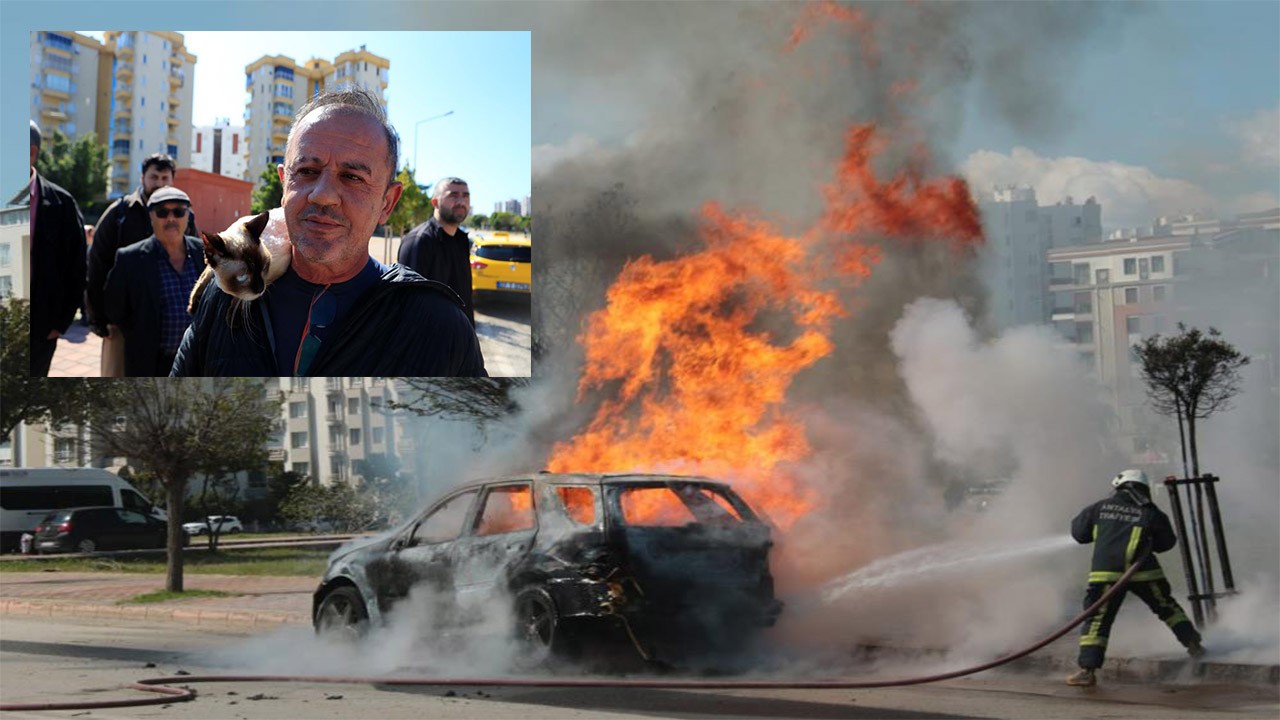 Alev topuna dönen araçtan kedisiyle birlikte son anda çıktı