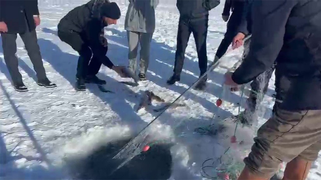 Ardahan’da Çıldır Gölü Kristal Buz Festivaline hazırlanıyor Ağ çekme etkinliği yapıldı