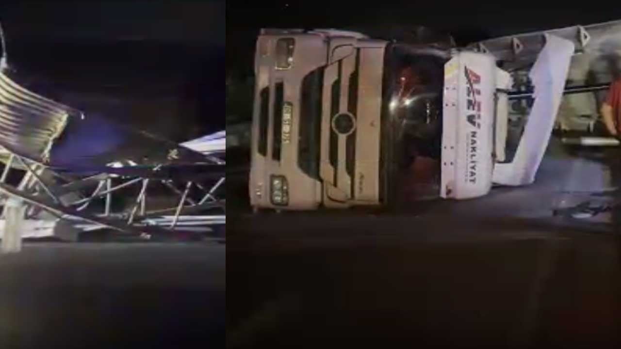 Damperi açık kalan TIR tabelaya çarpıp devrildi