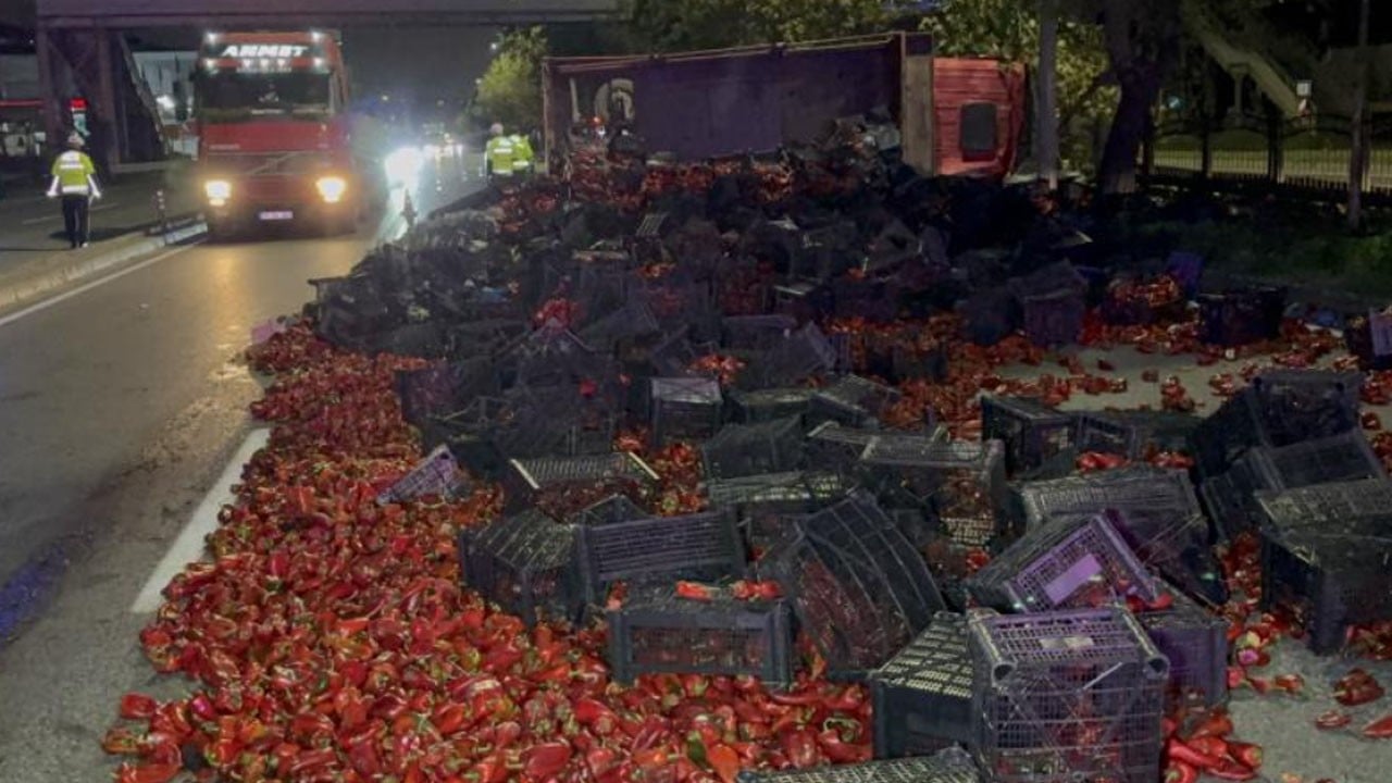 Devrilen kamyondaki 10 ton malı yola saçıldı! Ambulansla gelen sağlık memuru tedavi altına aldı