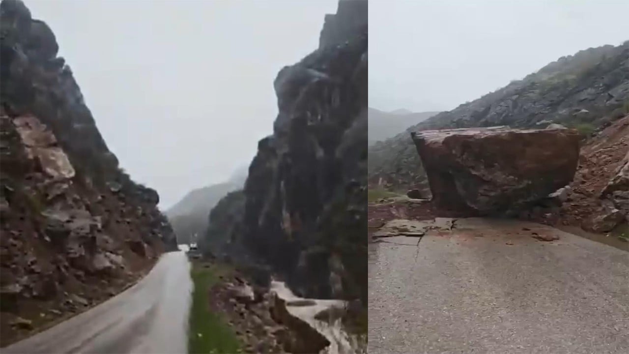 Şemdinli'de dağdan kopan dev kaya karayoluna düştü