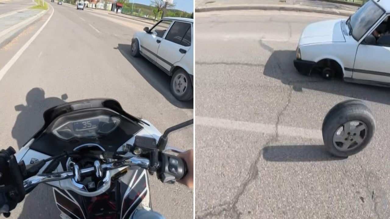 Seyir halindeki otomobilin lastiği yerinden çıktı