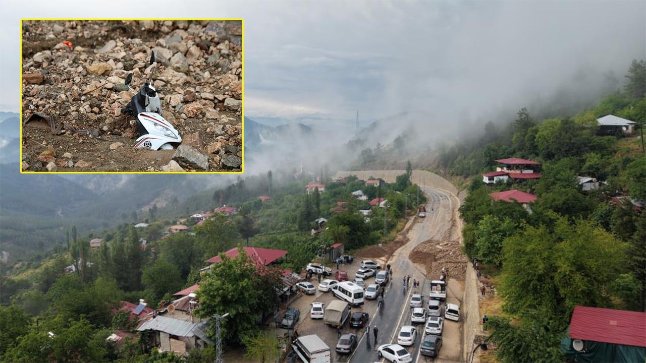 Şiddetli yağış heyelana yol açtı, motosiklet toprak altında kaldı